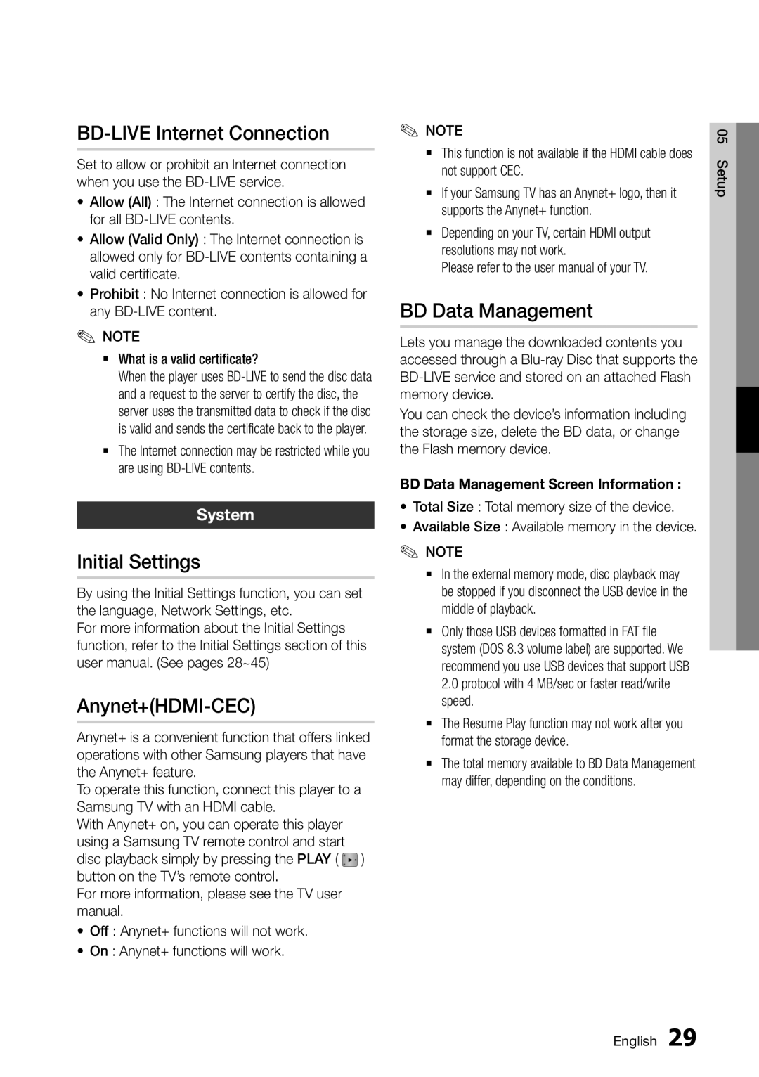 Samsung BD-D5500/XN manual BD-LIVE Internet Connection, Initial Settings, Anynet+HDMI-CEC, BD Data Management, System 