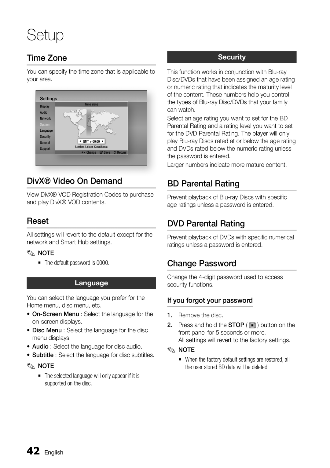 Samsung BD-D5500/EN manual Time Zone, DivX Video On Demand, Reset, BD Parental Rating, DVD Parental Rating, Change Password 