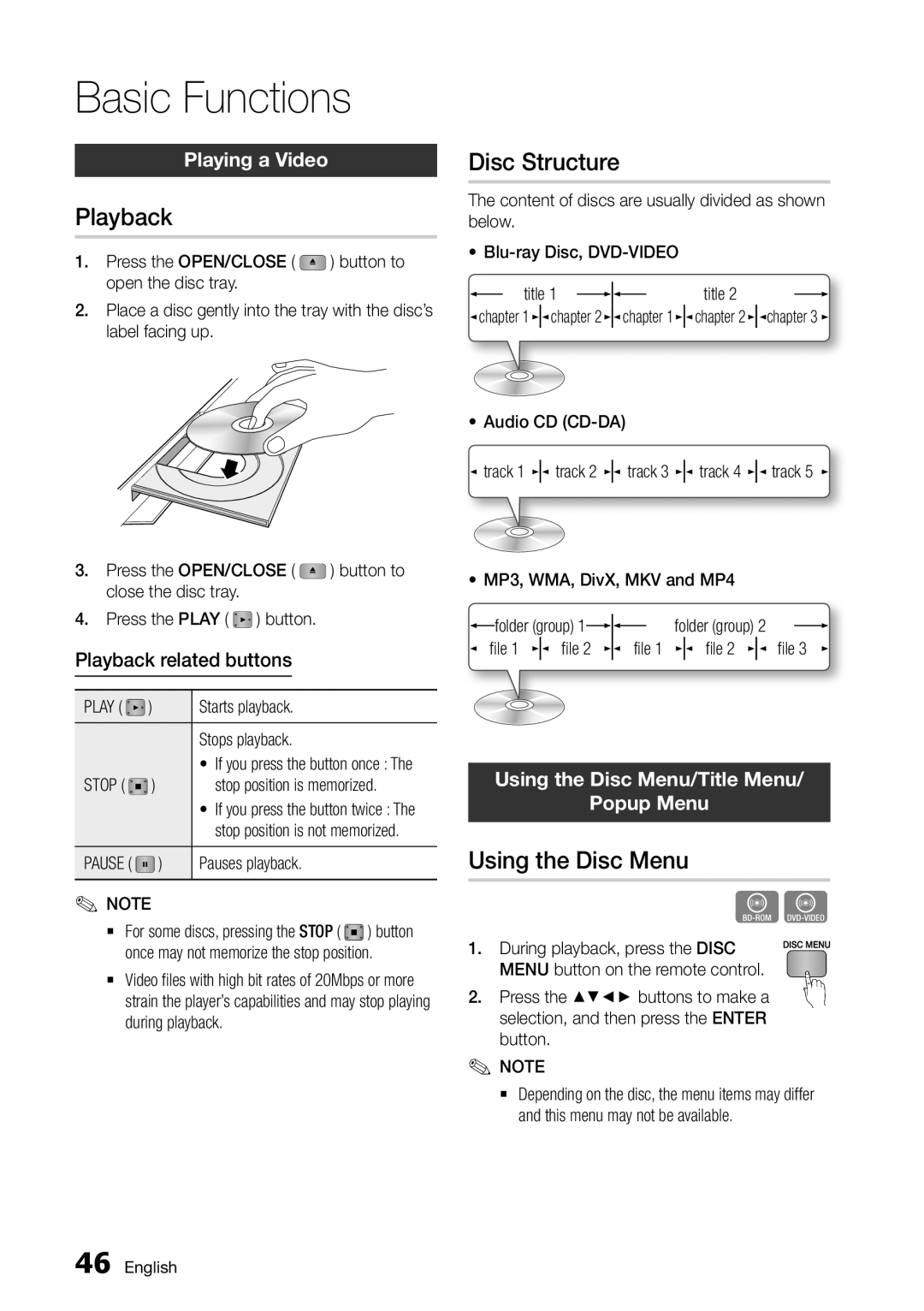 Samsung BD-D5500/EN, BD-D5500/ZA, BD-D5500/XN, BD-D5500/ZF Basic Functions, Playback, Disc Structure, Using the Disc Menu 