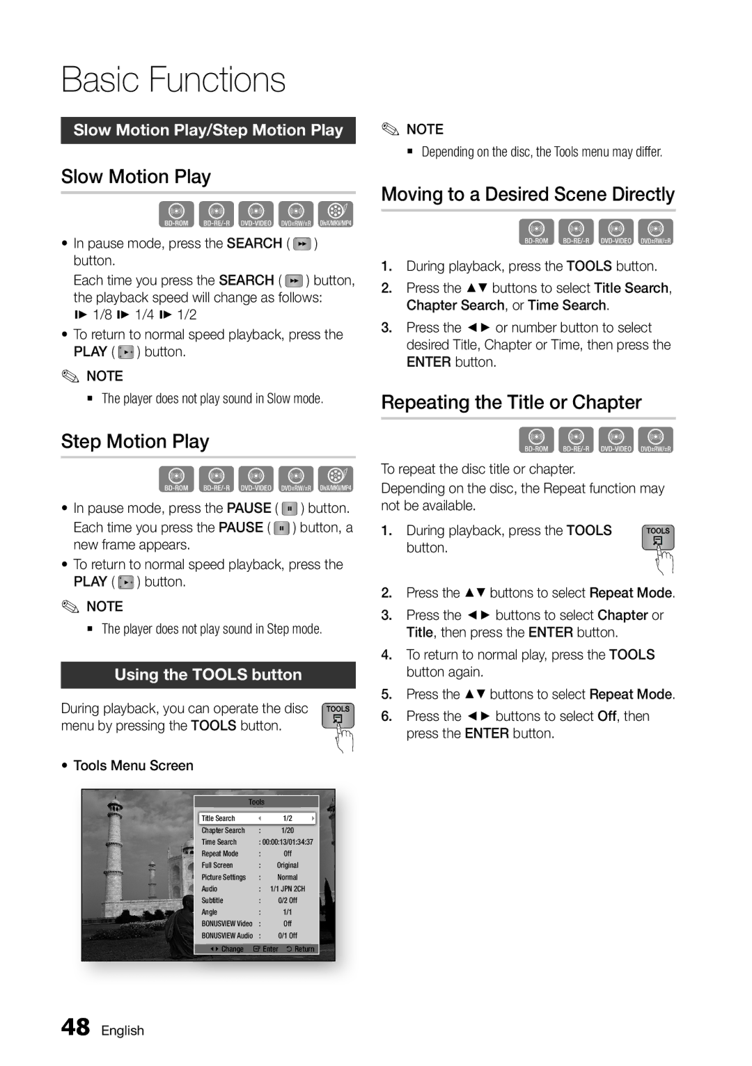 Samsung BD-D5500/ZA Slow Motion Play, Step Motion Play, Moving to a Desired Scene Directly, Repeating the Title or Chapter 