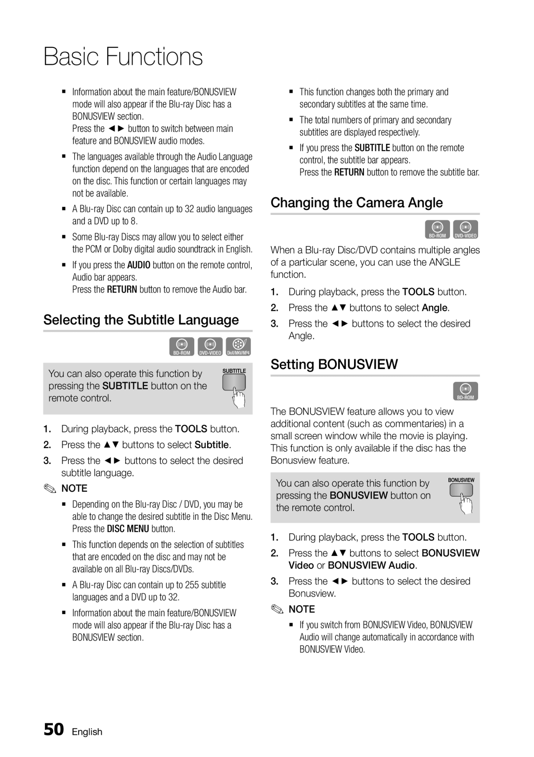 Samsung BD-D5500/EN, BD-D5500/ZA, BD-D5500/XN Selecting the Subtitle Language, Changing the Camera Angle, Setting Bonusview 