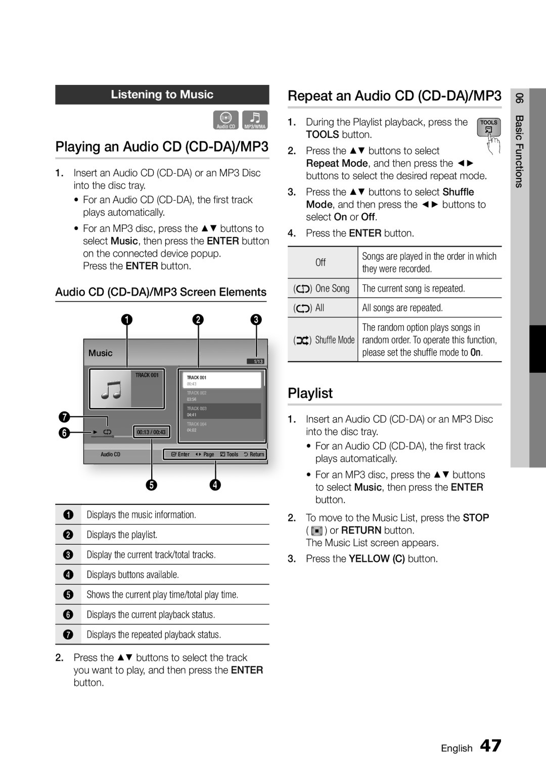 Samsung BD-D5500/ZF, BD-D5500/ZA Playing an Audio CD CD-DA/MP3, Repeat an Audio CD CD-DA/MP3, Playlist, Listening to Music 