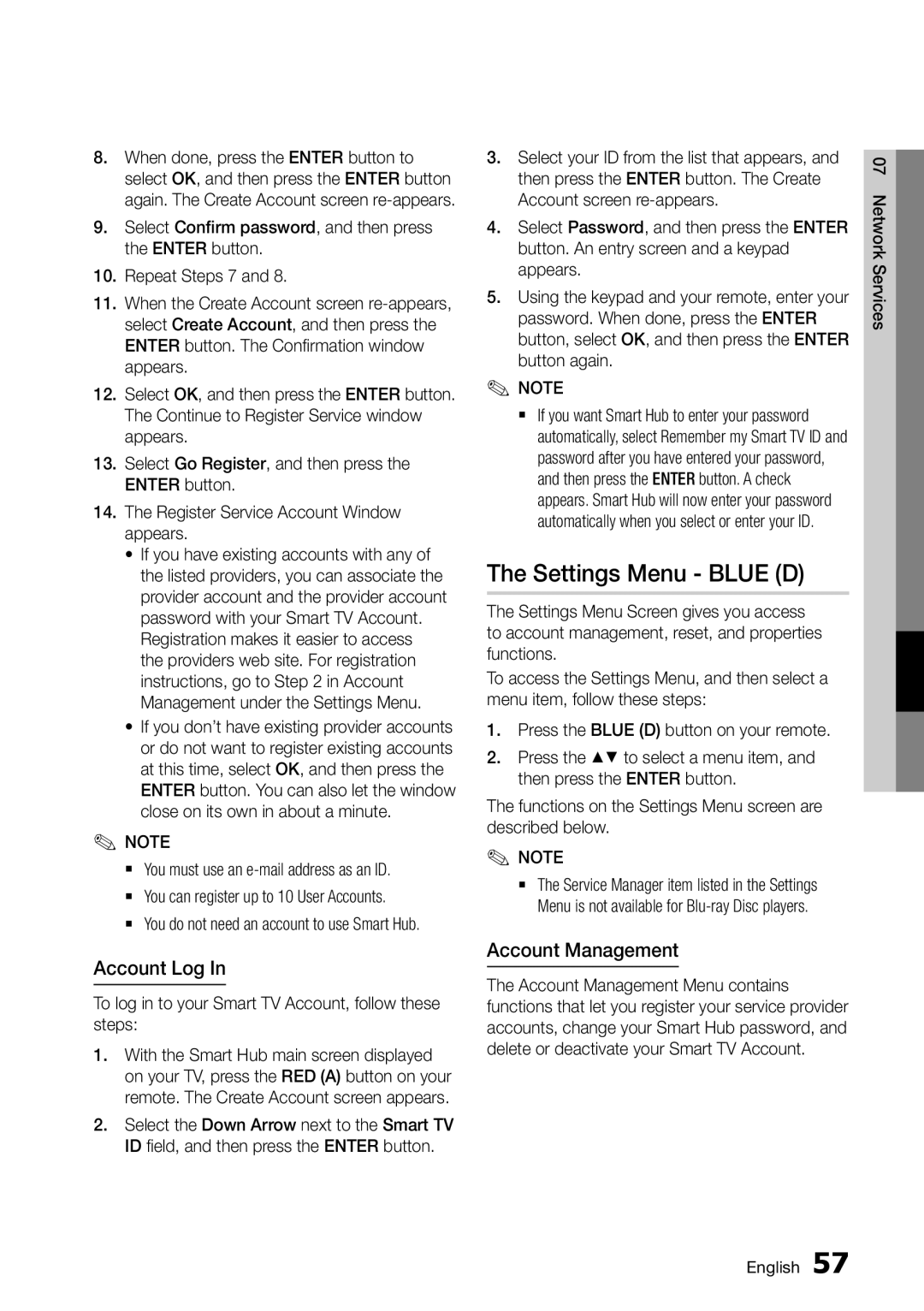 Samsung BD-D5500/XN, BD-D5500/ZA, BD-D5500/EN, BD-D5500/ZF manual Settings Menu Blue D, Account Log, Account Management 