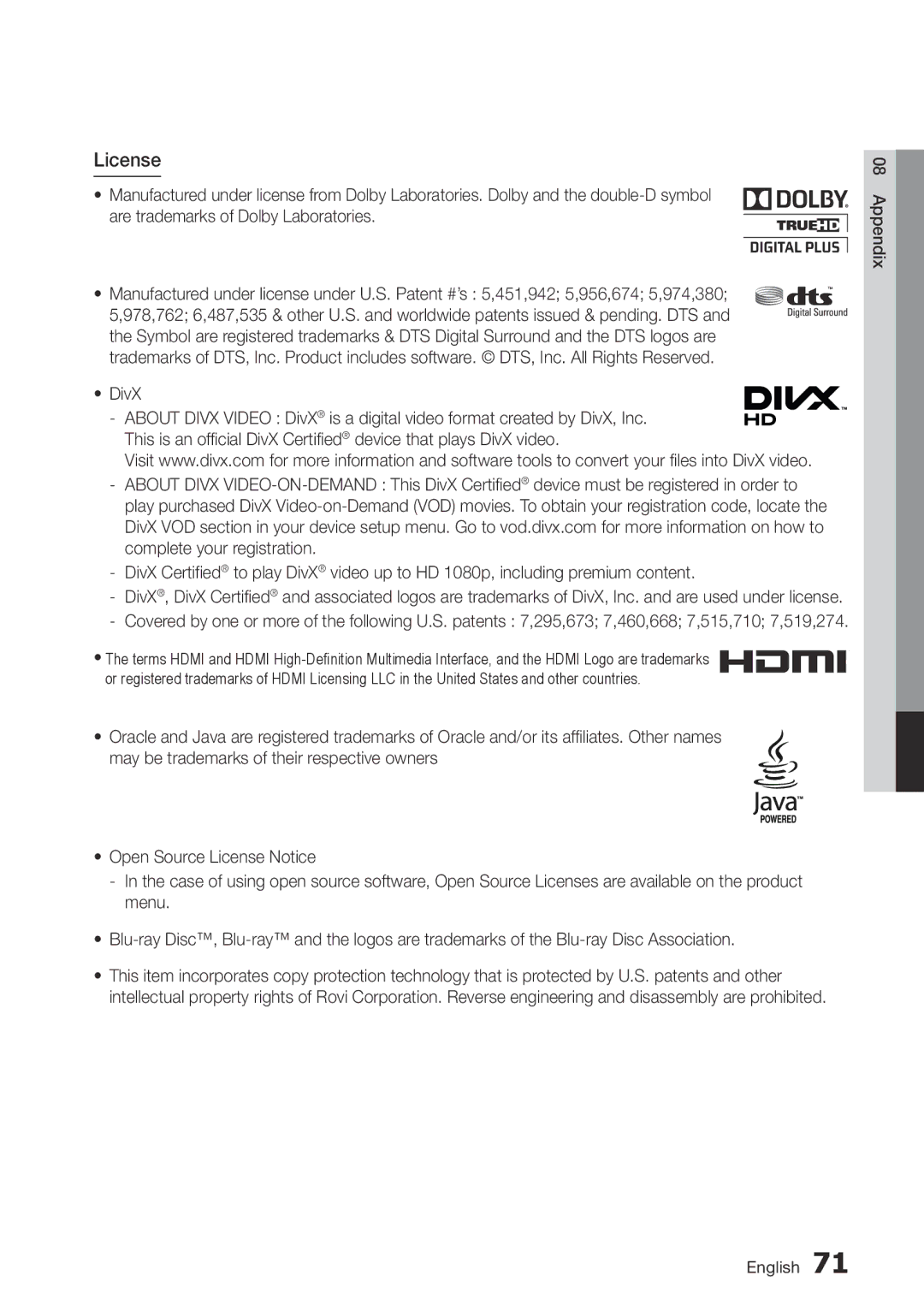 Samsung BD-D5500/ZF, BD-D5500/ZA, BD-D5500/XN, BD-D5500/EN manual License, DivX 