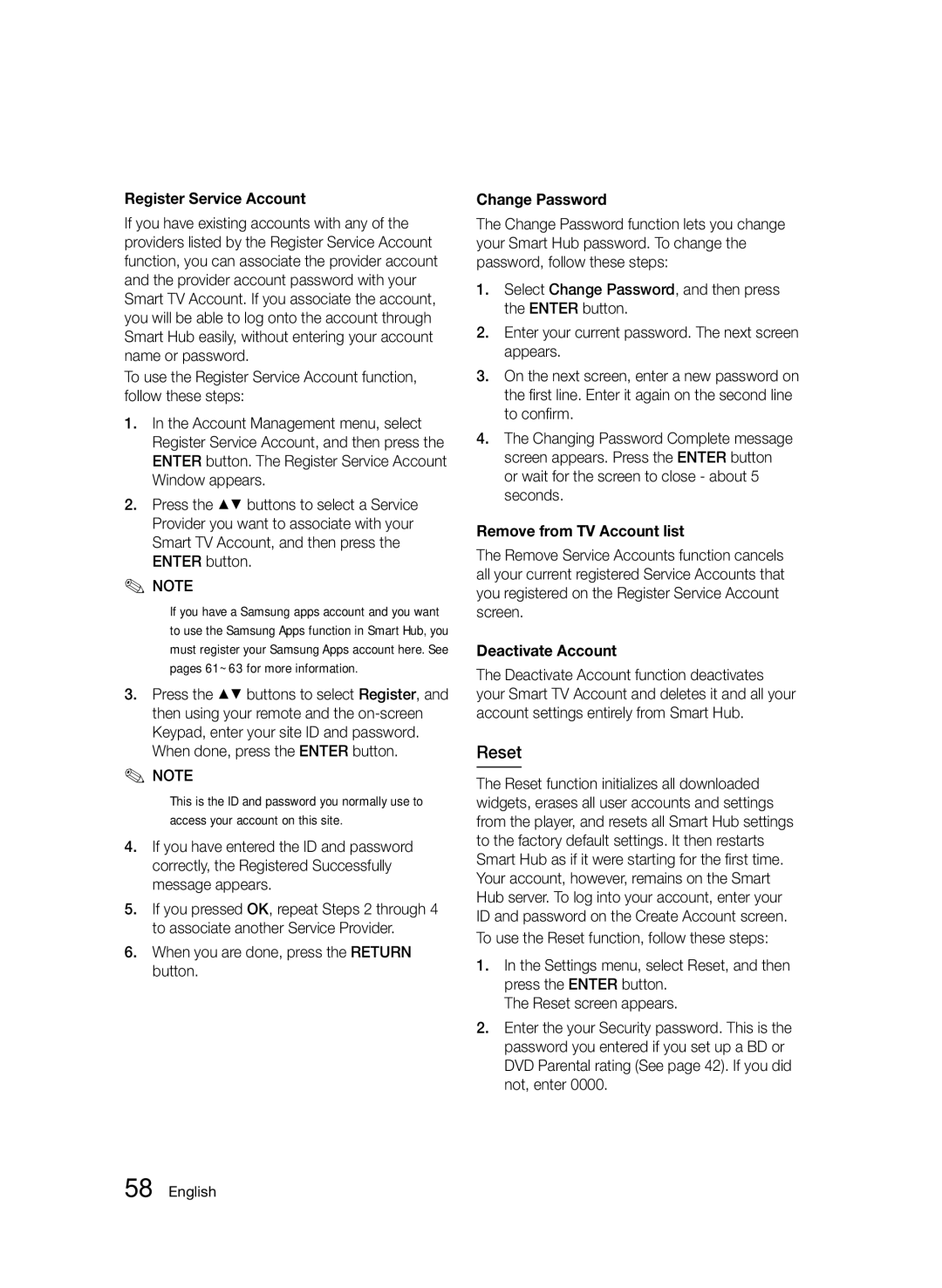 Samsung BD-D5500/UM Reset, Register Service Account, Change Password, Remove from TV Account list, Deactivate Account 