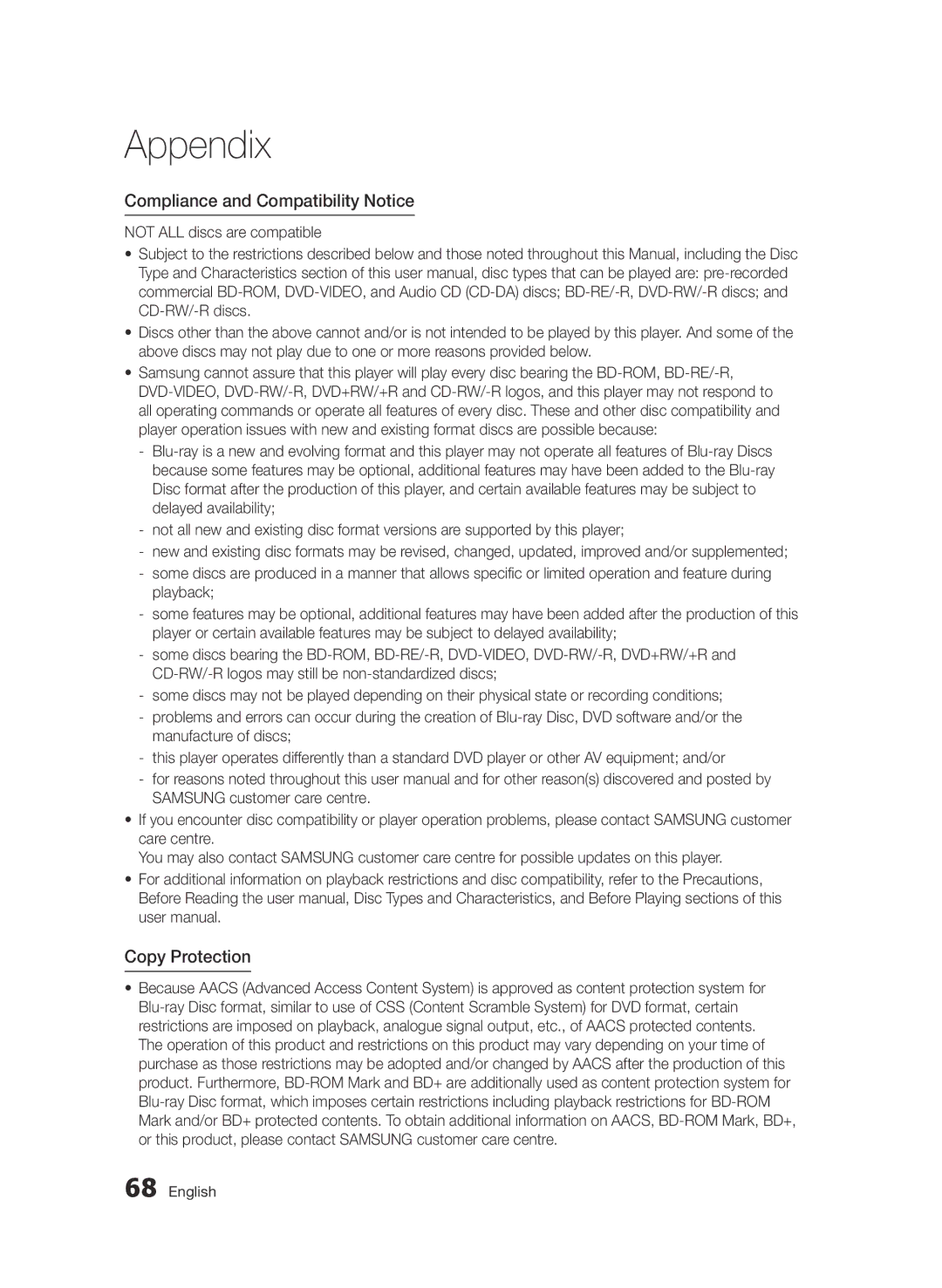 Samsung BD-D5500/ZN, BD-D5500/XS, BD-D5500/UM, BD-D5500/SH manual Compliance and Compatibility Notice, Copy Protection 