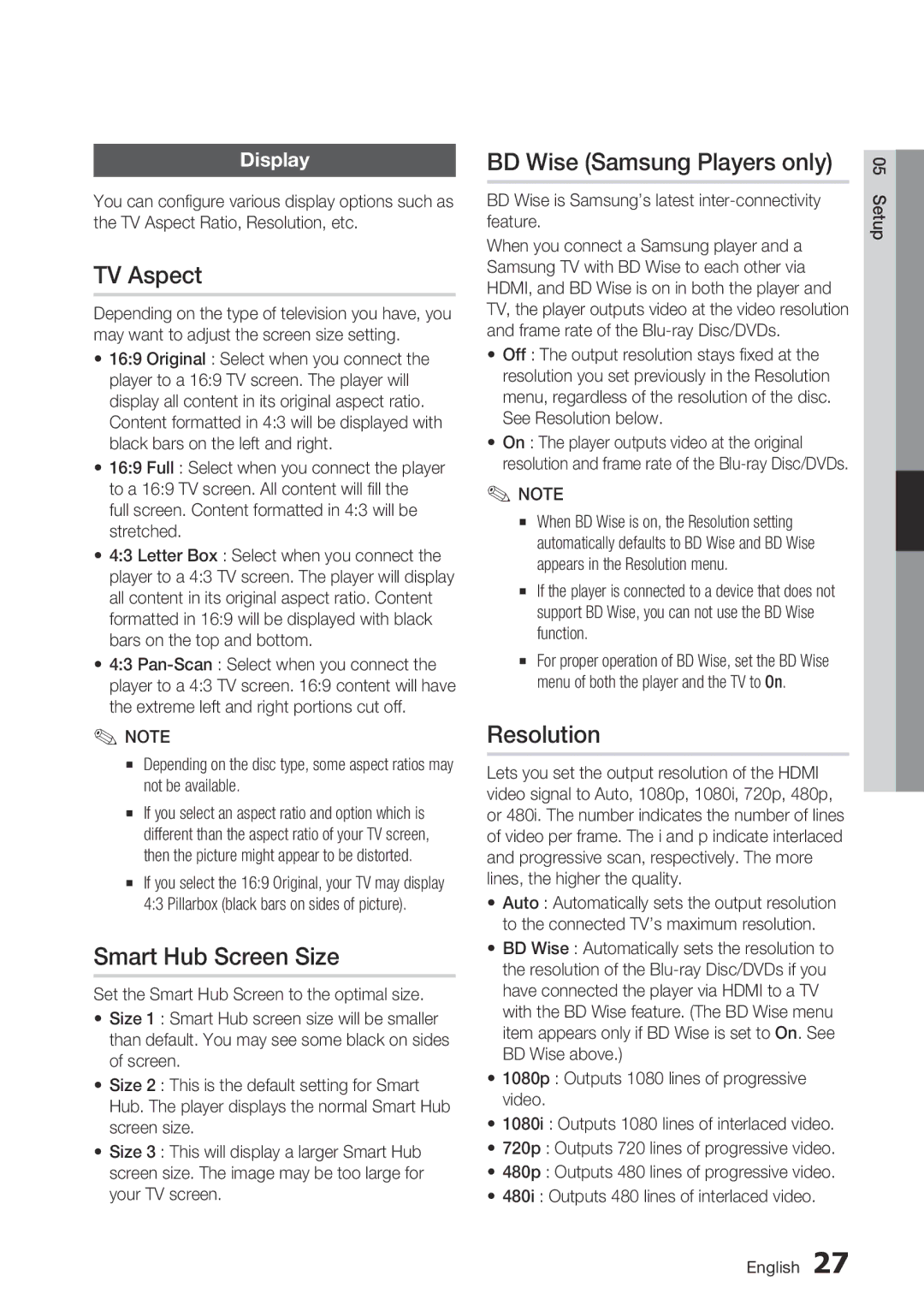 Samsung BD-D5700/ZA user manual TV Aspect, Smart Hub Screen Size, BD Wise Samsung Players only, Resolution, Display 