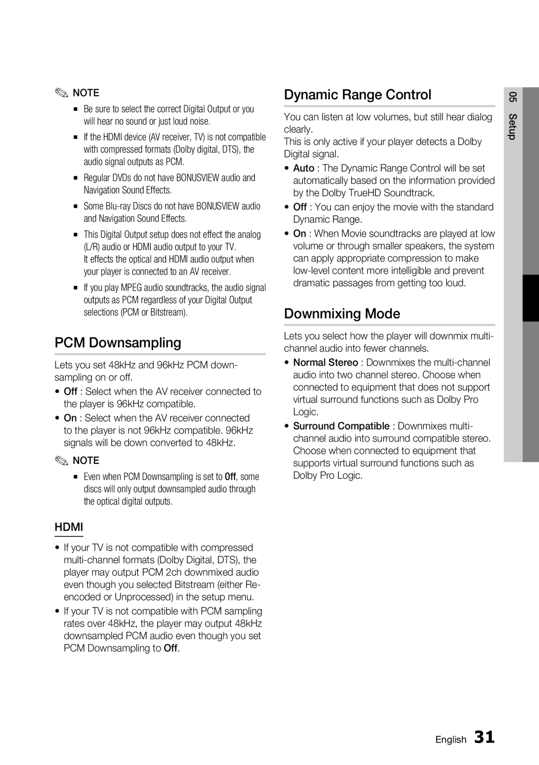 Samsung BD-D5700/ZA user manual PCM Downsampling, Dynamic Range Control, Downmixing Mode 