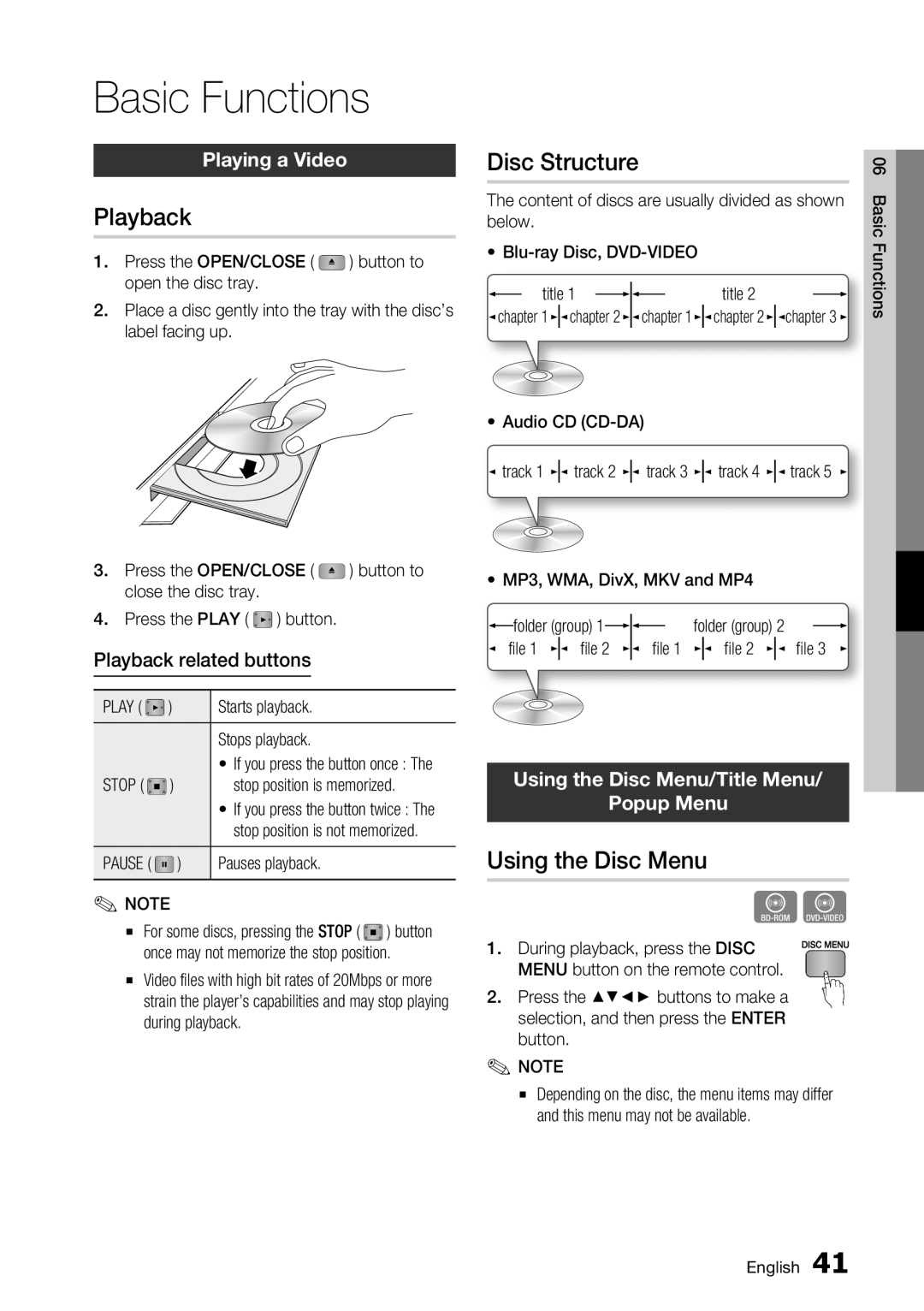 Samsung BD-D5700/ZA user manual Basic Functions, Playback, Disc Structure, Using the Disc Menu 