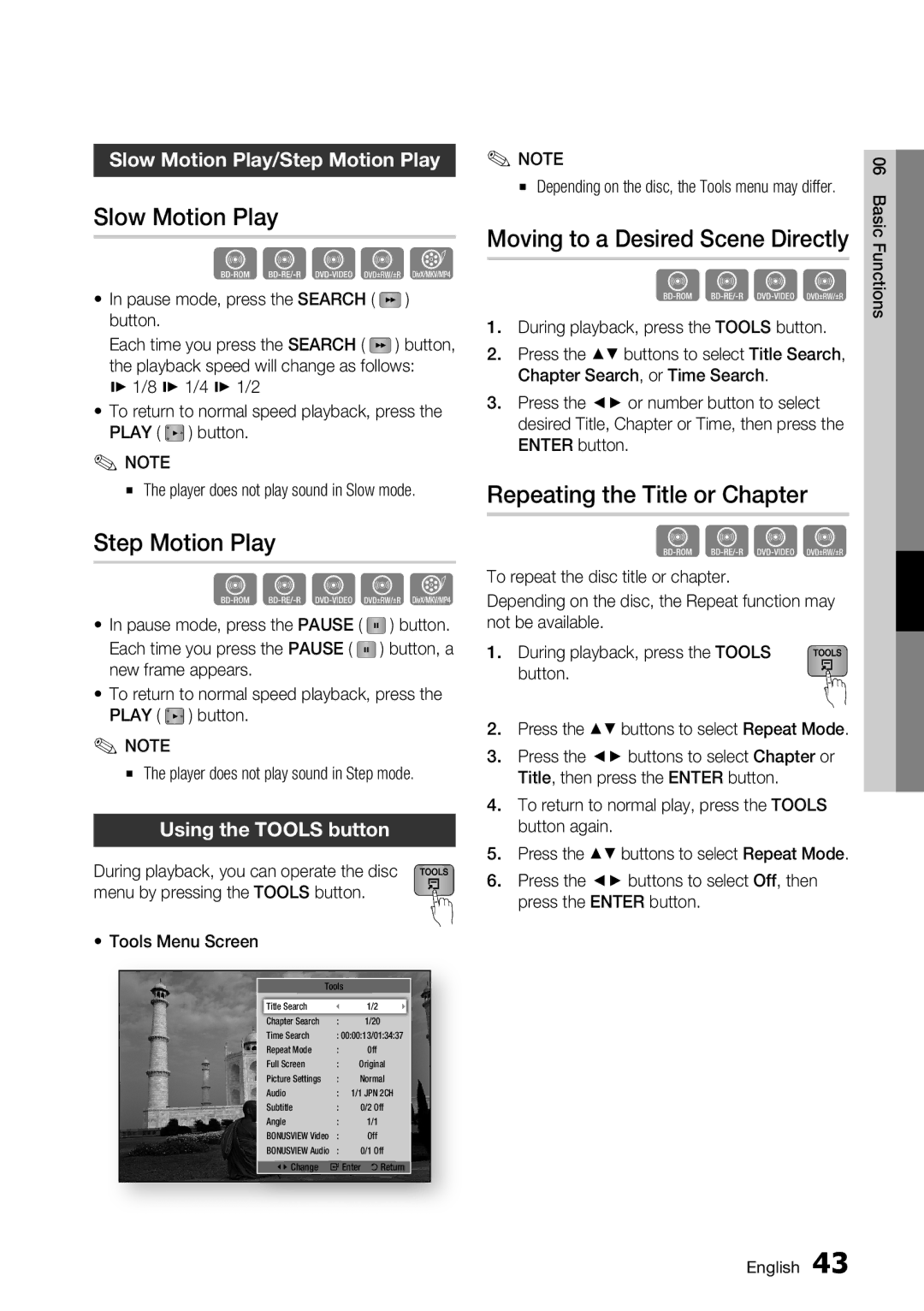 Samsung BD-D5700 Slow Motion Play, Step Motion Play, Moving to a Desired Scene Directly, Repeating the Title or Chapter 