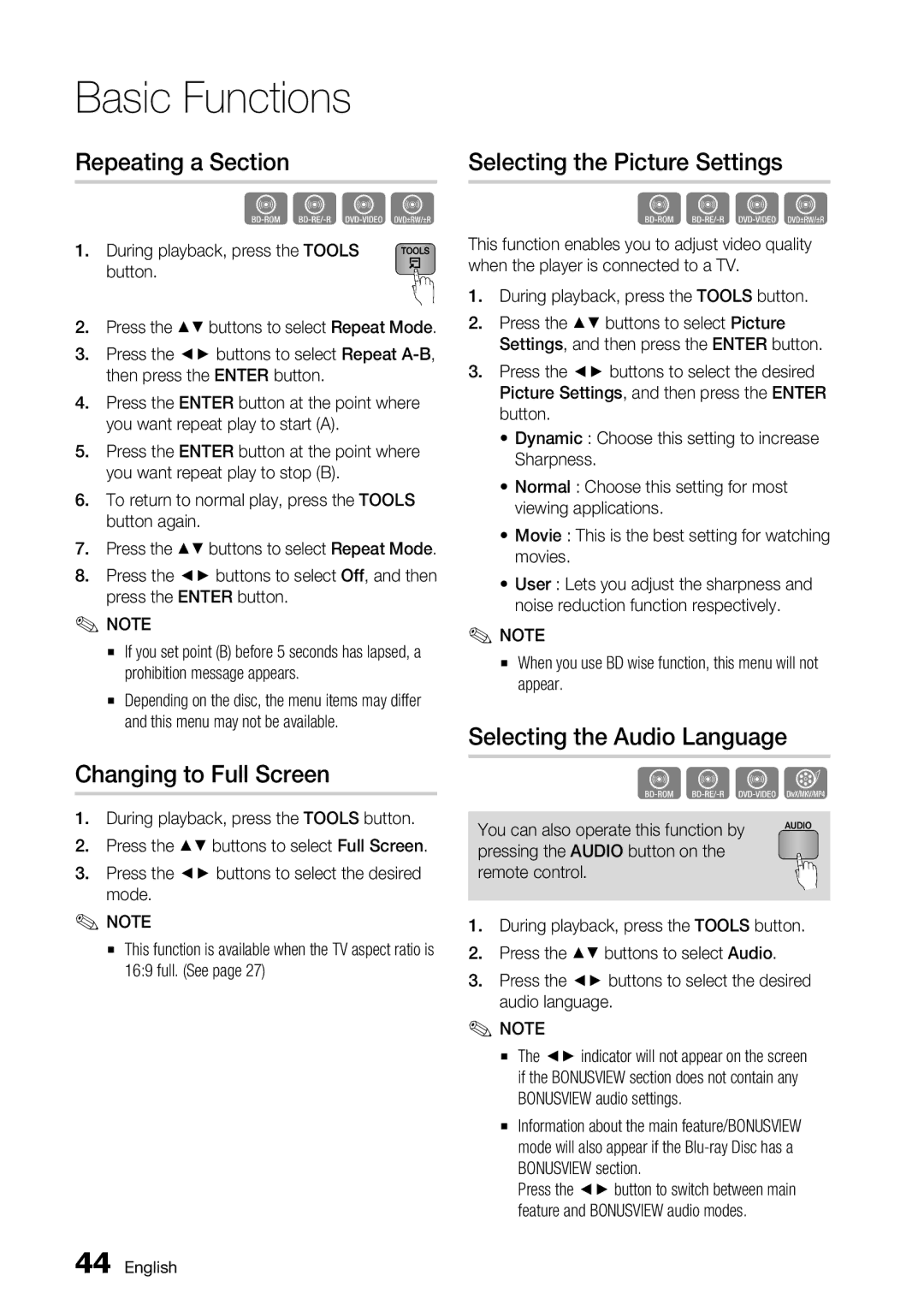 Samsung BD-D5700/ZA user manual Repeating a Section, Changing to Full Screen, Selecting the Picture Settings 