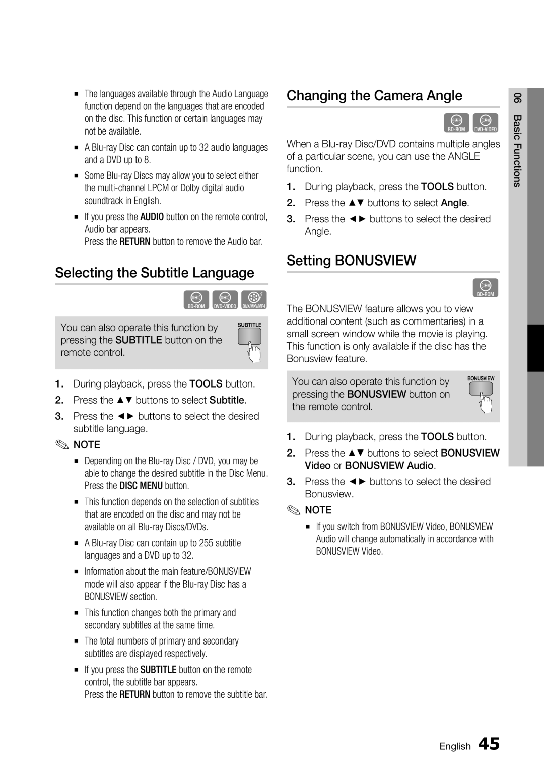 Samsung BD-D5700/ZA user manual Selecting the Subtitle Language, Changing the Camera Angle, Setting Bonusview 