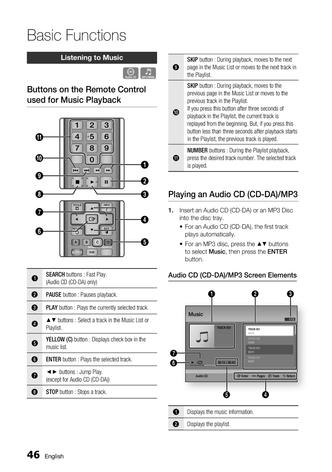 Samsung BD-D5700/ZA user manual Buttons on the Remote Control used for Music Playback, Playing an Audio CD CD-DA/MP3 