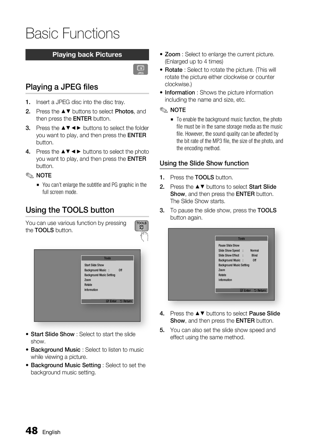 Samsung BD-D5700/ZA Playing a Jpeg files, Using the Tools button, Playing back Pictures, Using the Slide Show function 