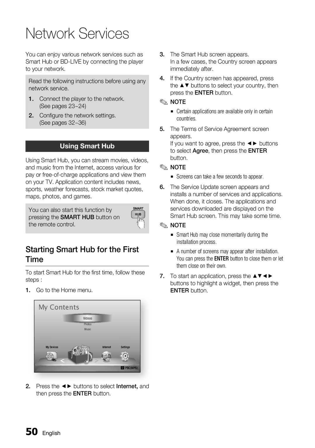 Samsung BD-D5700/ZA user manual Starting Smart Hub for the First, Time, Using Smart Hub 