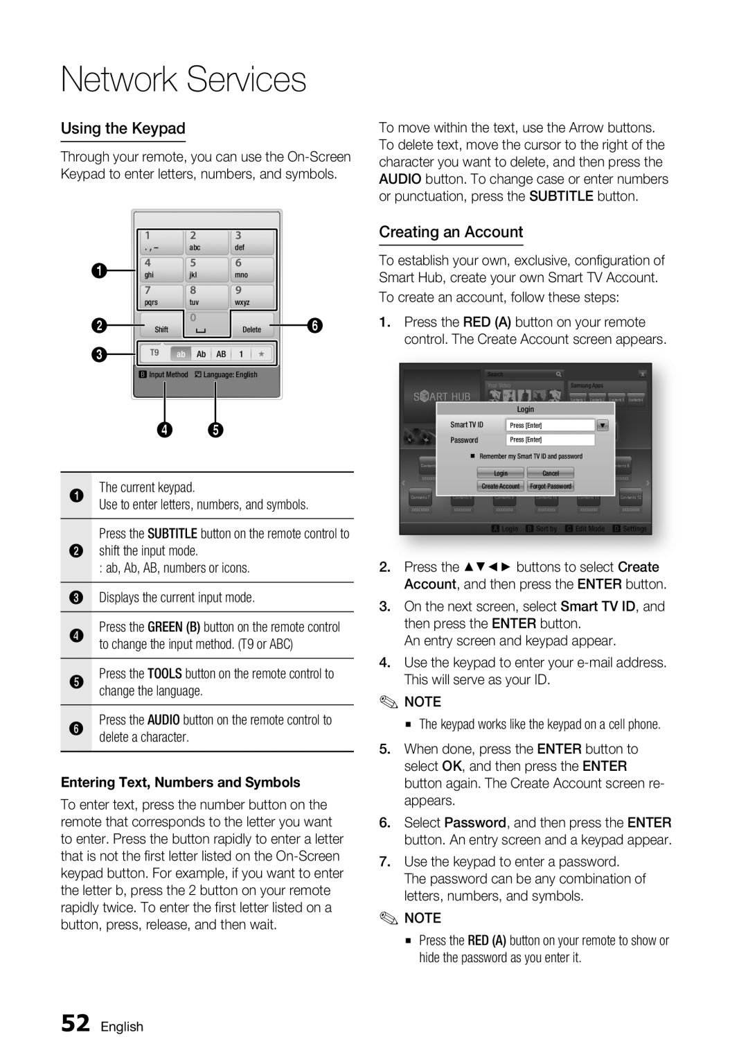 Samsung BD-D5700/ZA user manual Network Services, Using the Keypad, Creating an Account, Entering Text, Numbers and Symbols 