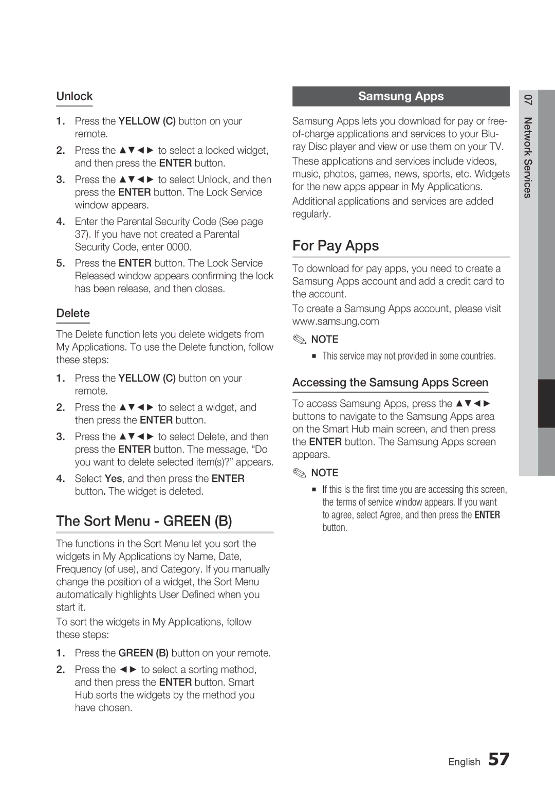 Samsung BD-D5700/ZA user manual Sort Menu Green B, For Pay Apps, Samsung Apps 