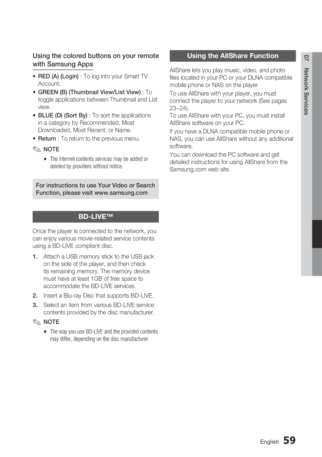 Samsung BD-D5700/ZA user manual Using the colored buttons on your remote with Samsung Apps, Using the AllShare Function 