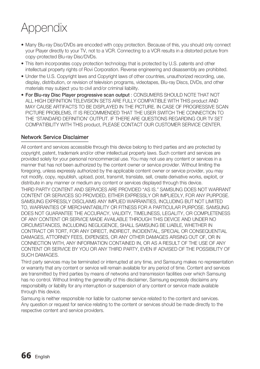 Samsung BD-D5700/ZA user manual Network Service Disclaimer 