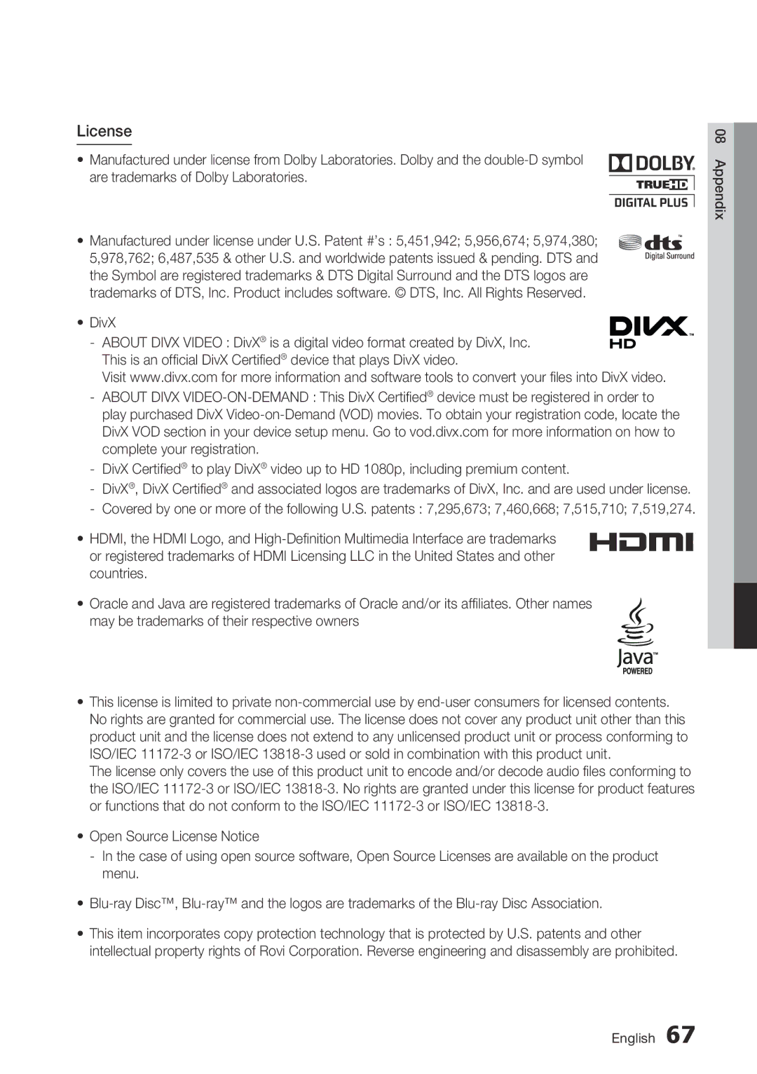 Samsung BD-D5700/ZA user manual License, DivX 