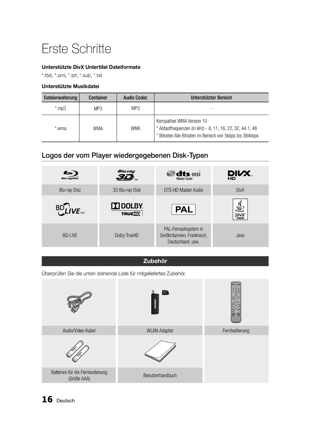 Samsung BD-D5800/ZG Logos der vom Player wiedergegebenen Disk-Typen, Zubehör, Unterstützte DivX Untertitel Dateiformate 