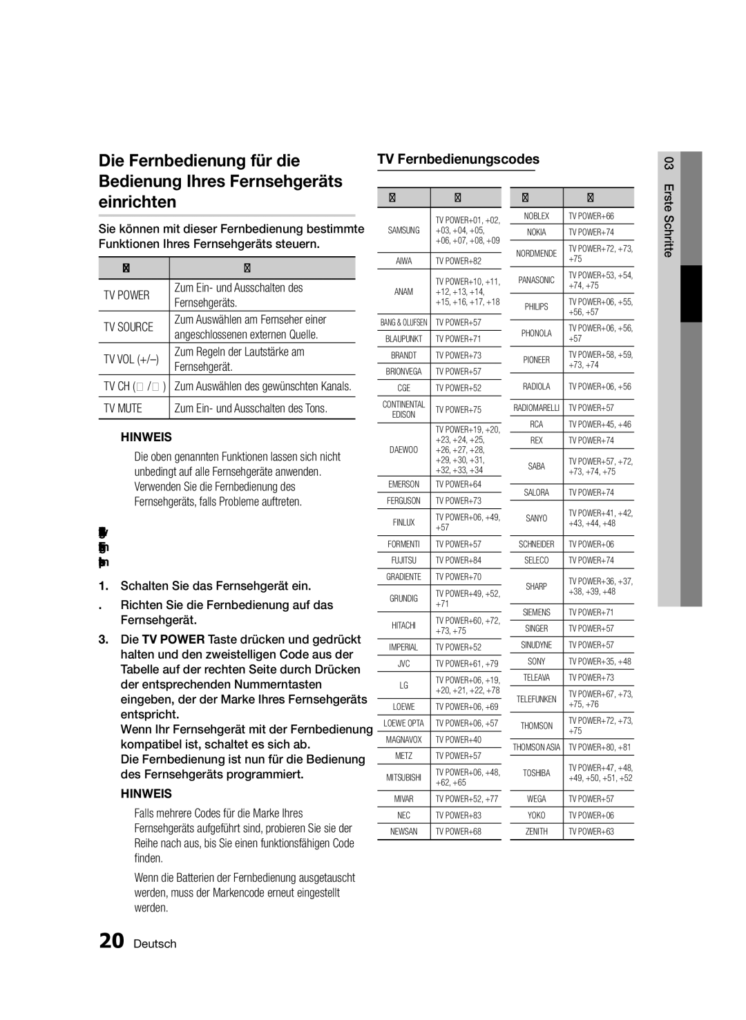 Samsung BD-D5800/ZG manual TV Fernbedienungscodes, TV Power, TV Source, TV Mute 