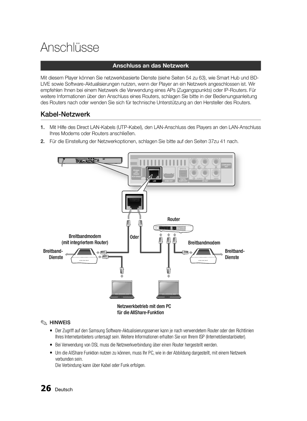 Samsung BD-D5800/ZG manual Kabel-Netzwerk, Anschluss an das Netzwerk, Dienste 