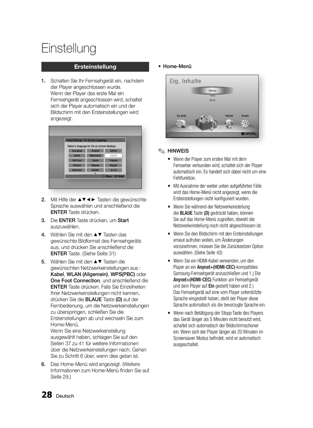 Samsung BD-D5800/ZG manual Einstellung, Ersteinstellung 