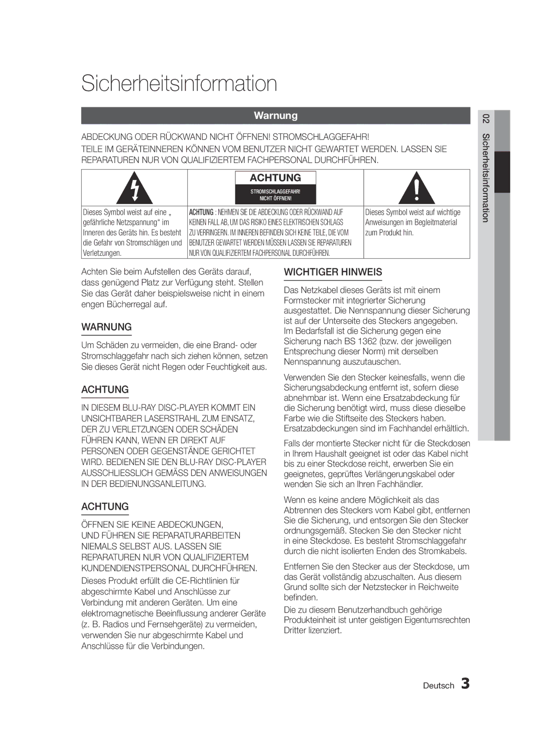 Samsung BD-D5800/ZG manual Sicherheitsinformation, Warnung, Abdeckung Oder Rückwand Nicht ÖFFNEN! Stromschlaggefahr 