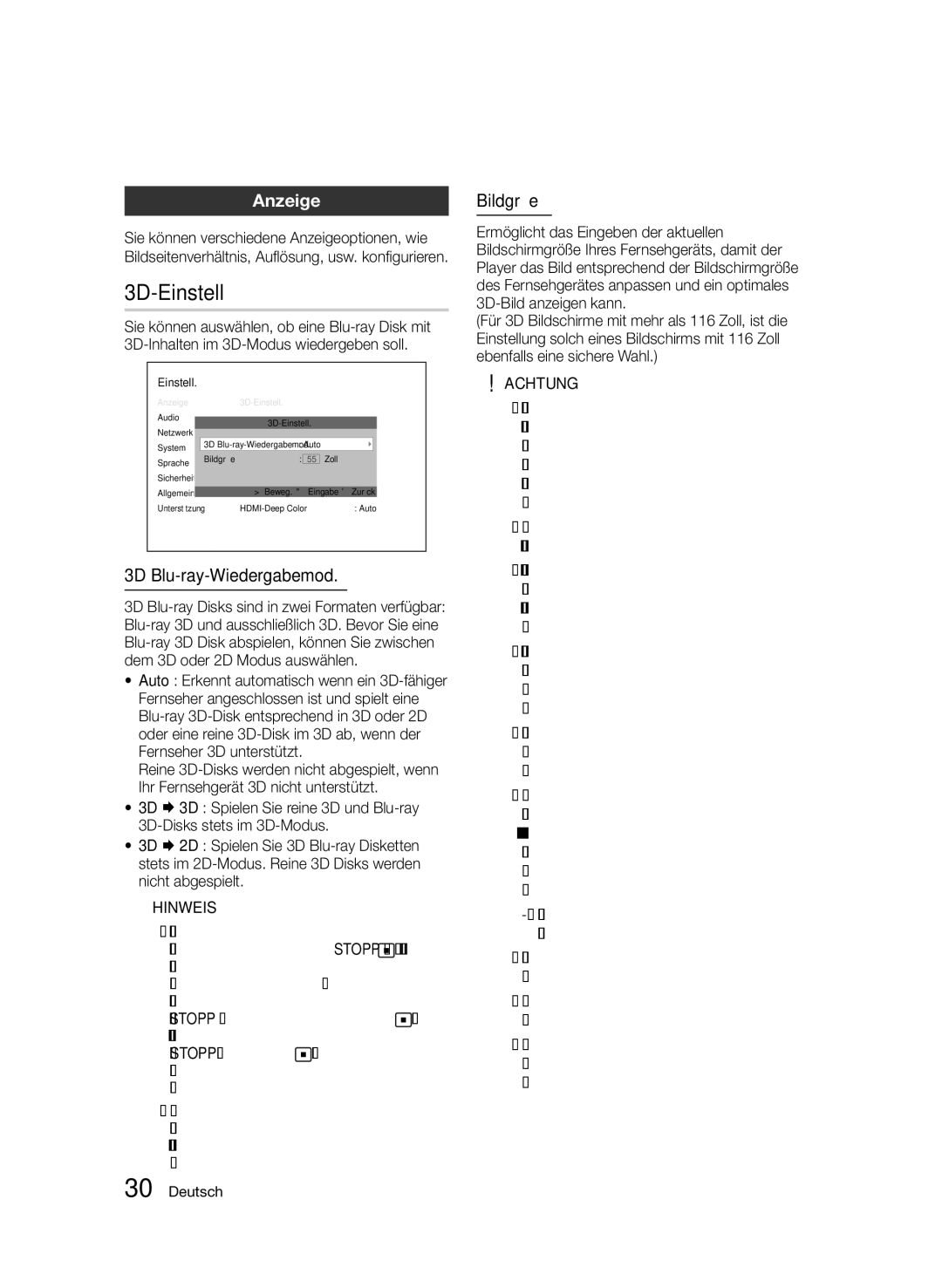 Samsung BD-D5800/ZG manual 3D-Einstell, Anzeige, 3D Blu-ray-Wiedergabemod, Bildgröße 