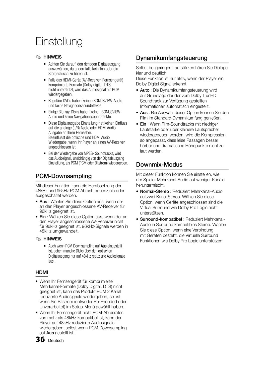 Samsung BD-D5800/ZG manual PCM-Downsampling, Dynamikumfangsteuerung, Downmix-Modus 