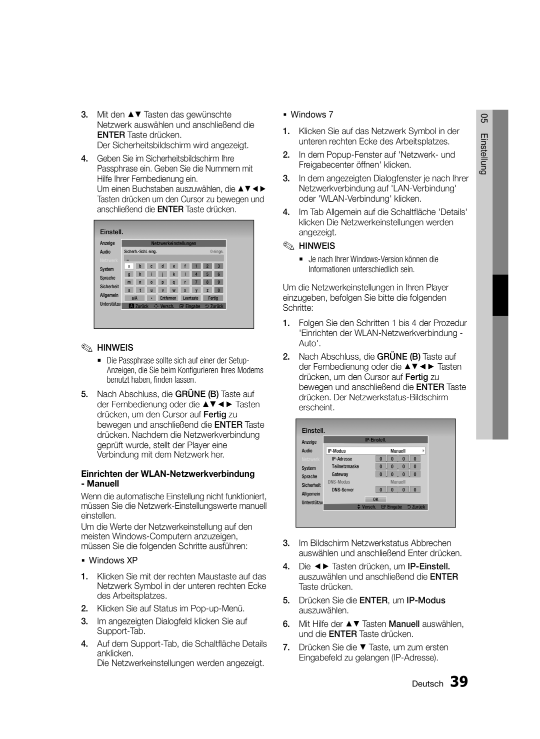 Samsung BD-D5800/ZG manual Der Sicherheitsbildschirm wird angezeigt, Einrichten der WLAN-Netzwerkverbindung Manuell 