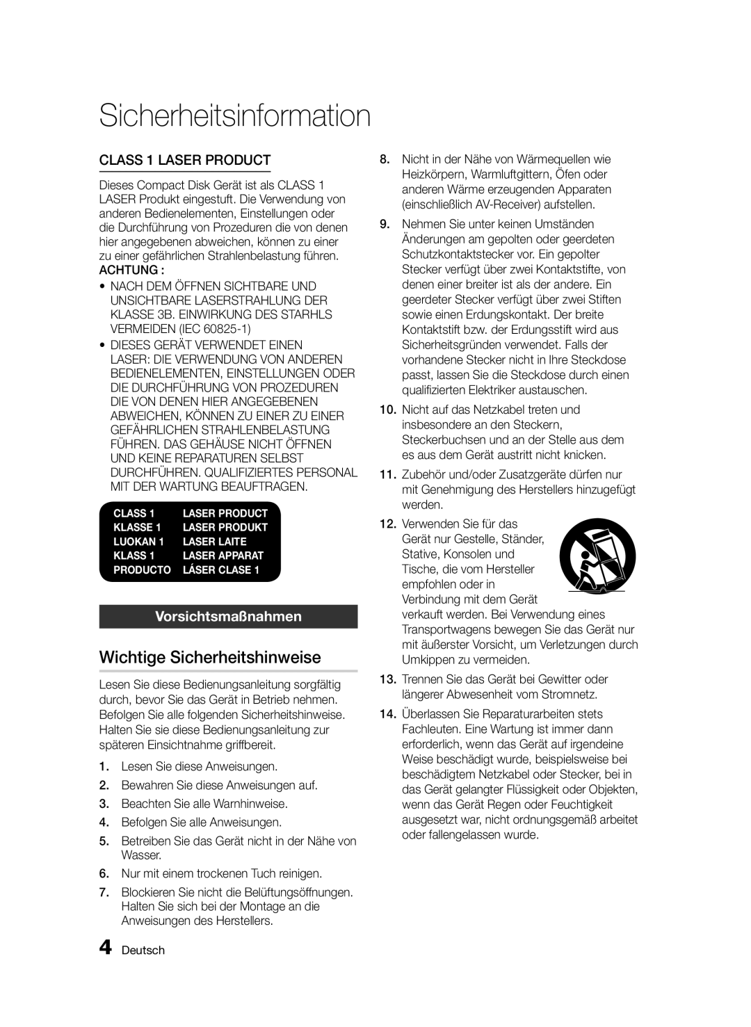 Samsung BD-D5800/ZG manual Wichtige Sicherheitshinweise, Vorsichtsmaßnahmen 