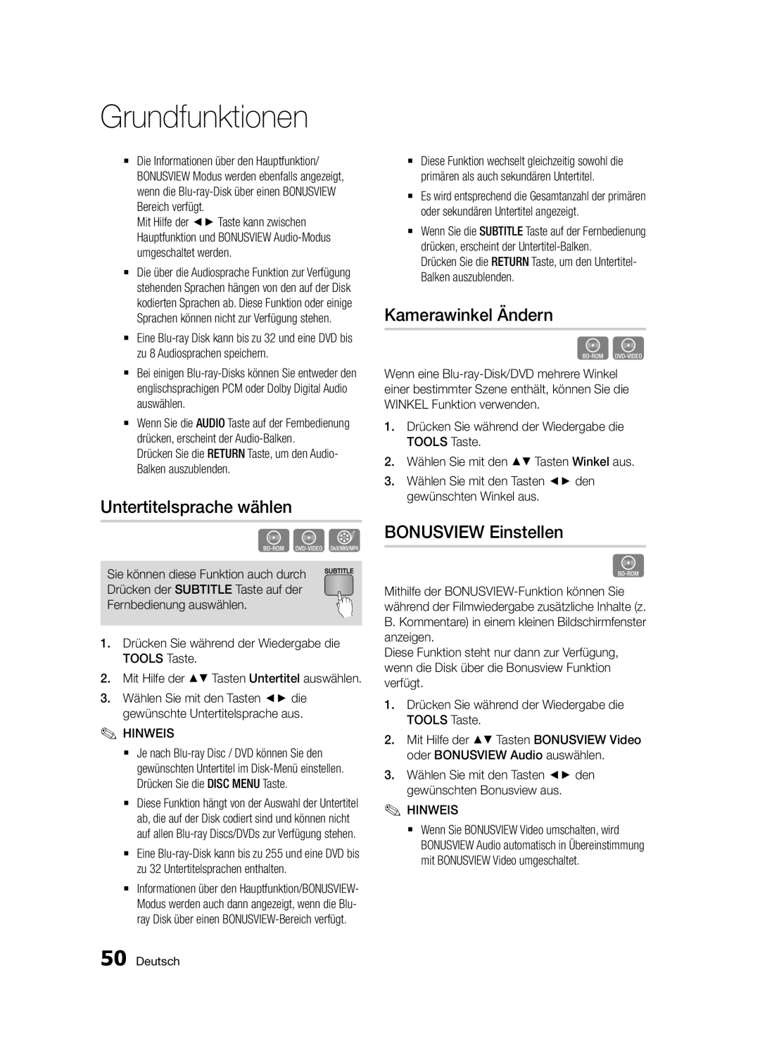 Samsung BD-D5800/ZG manual Untertitelsprache wählen, Kamerawinkel Ändern, Bonusview Einstellen 