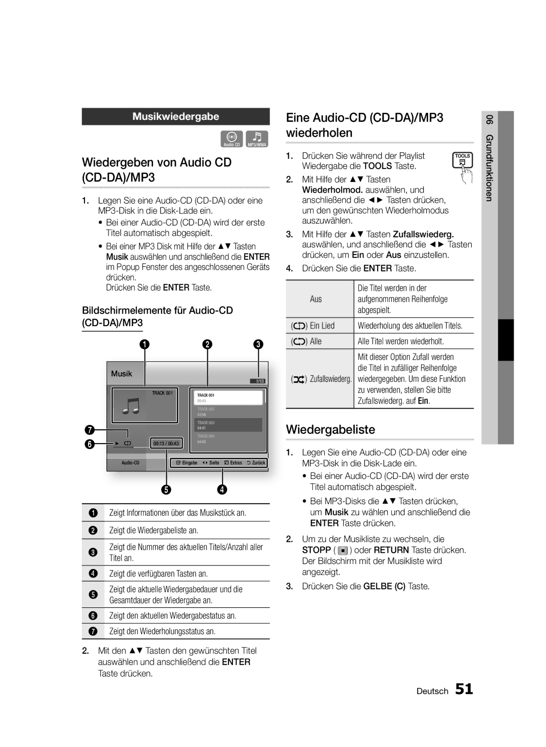 Samsung BD-D5800/ZG manual Wiedergeben von Audio CD CD-DA/MP3, Eine Audio-CD CD-DA/MP3 wiederholen, Wiedergabeliste 