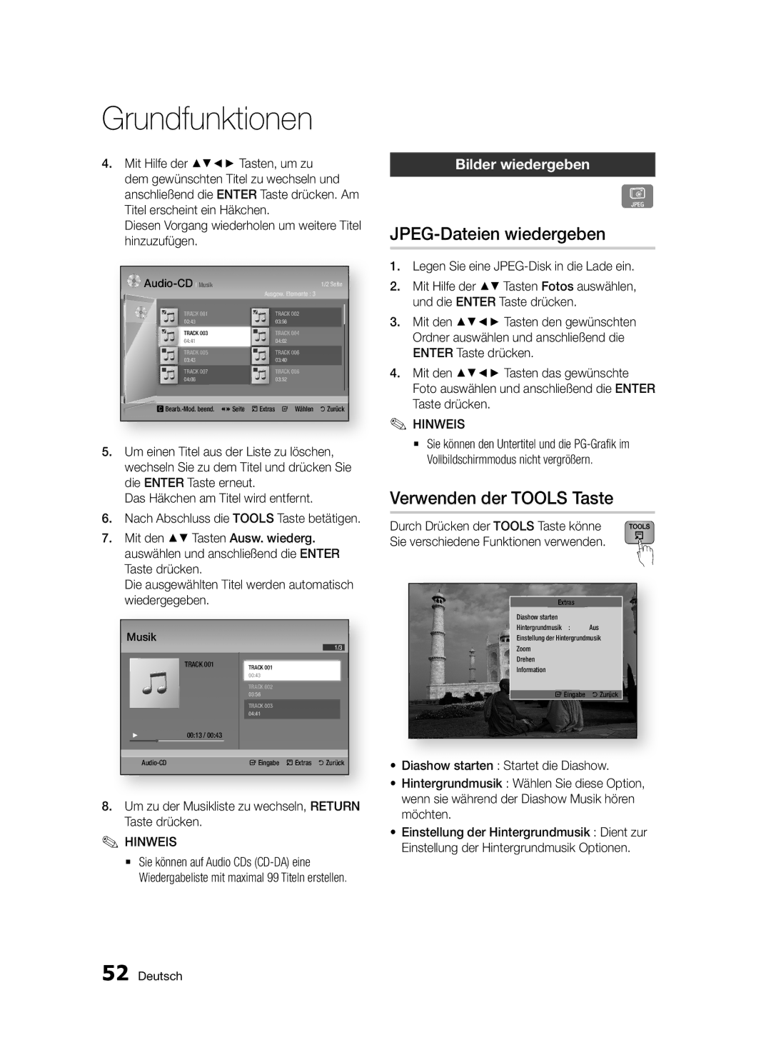 Samsung BD-D5800/ZG manual JPEG-Dateien wiedergeben, Verwenden der Tools Taste, Bilder wiedergeben 