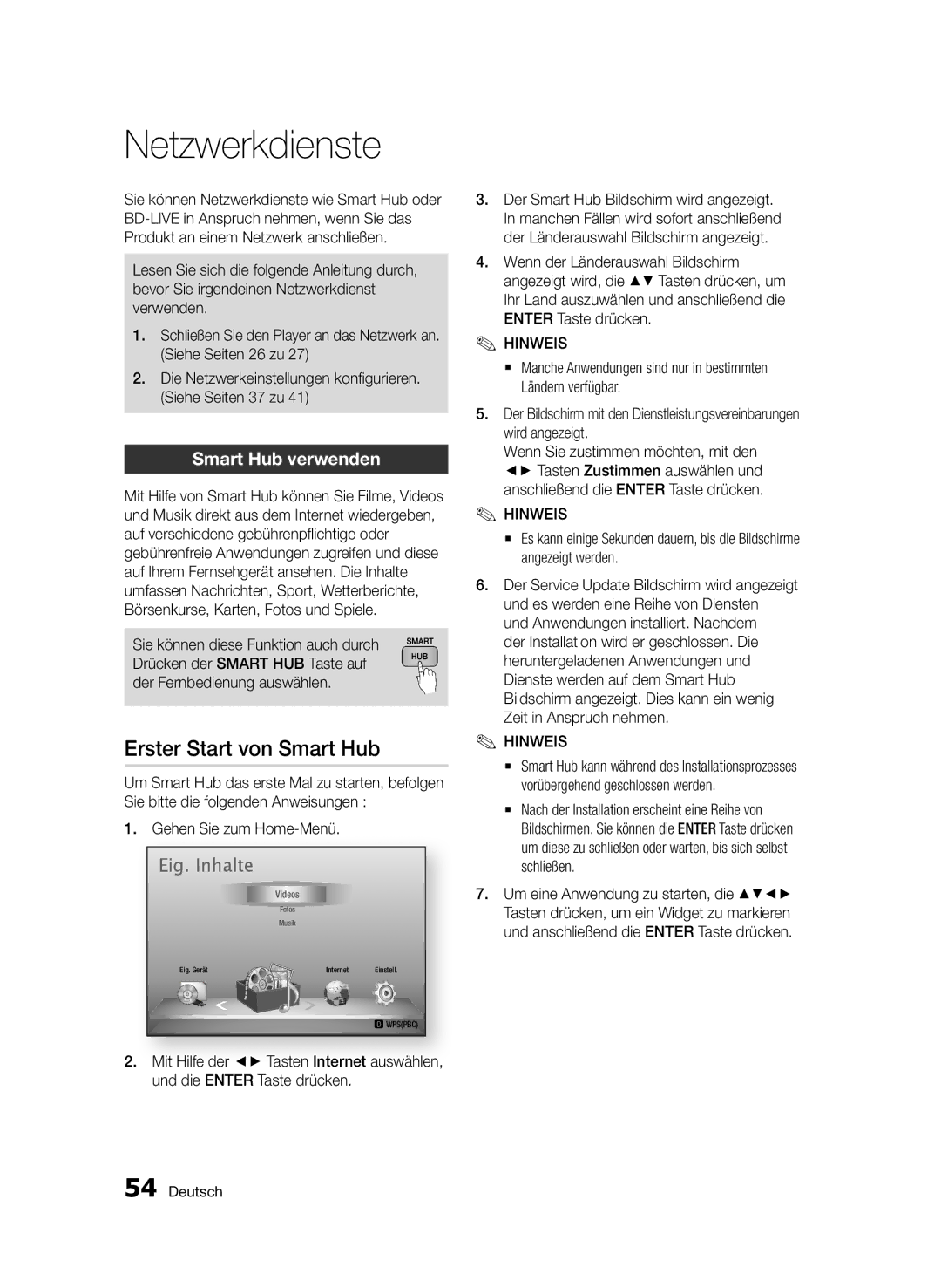 Samsung BD-D5800/ZG manual Netzwerkdienste, Erster Start von Smart Hub, Smart Hub verwenden 