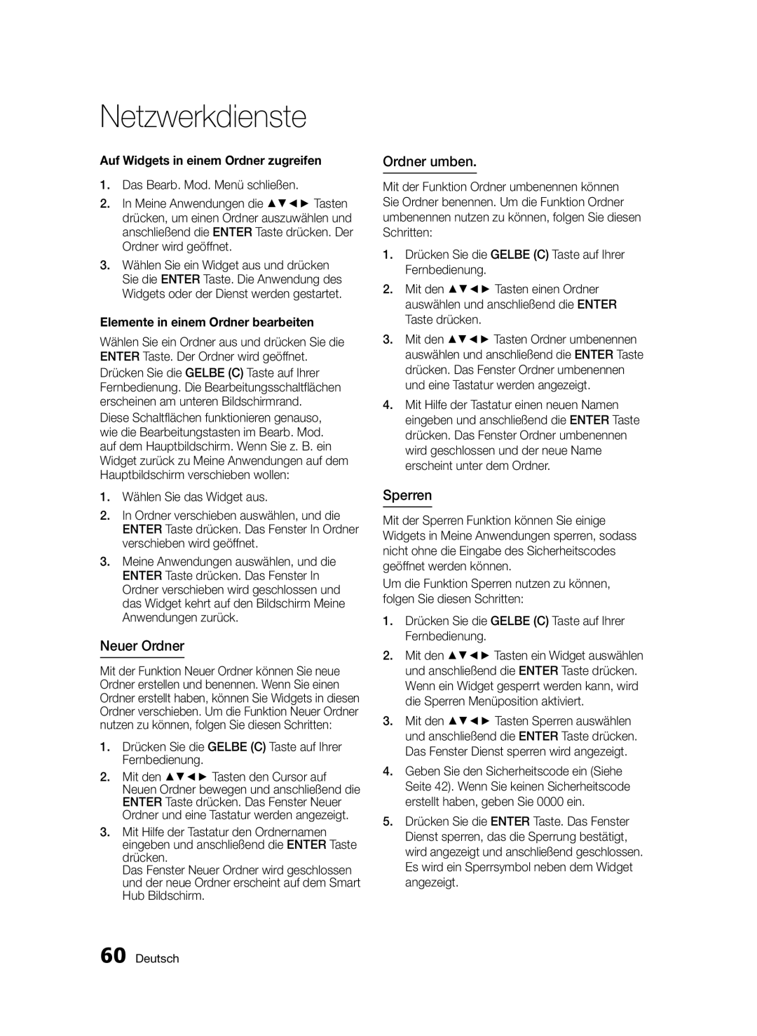 Samsung BD-D5800/ZG manual Neuer Ordner, Ordner umben, Sperren, Auf Widgets in einem Ordner zugreifen 