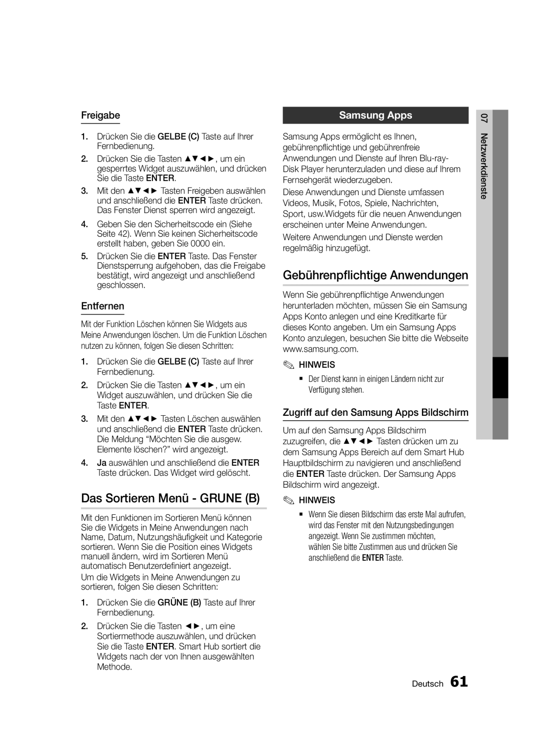 Samsung BD-D5800/ZG manual Das Sortieren Menü Grune B, Gebührenpflichtige Anwendungen, Samsung Apps 