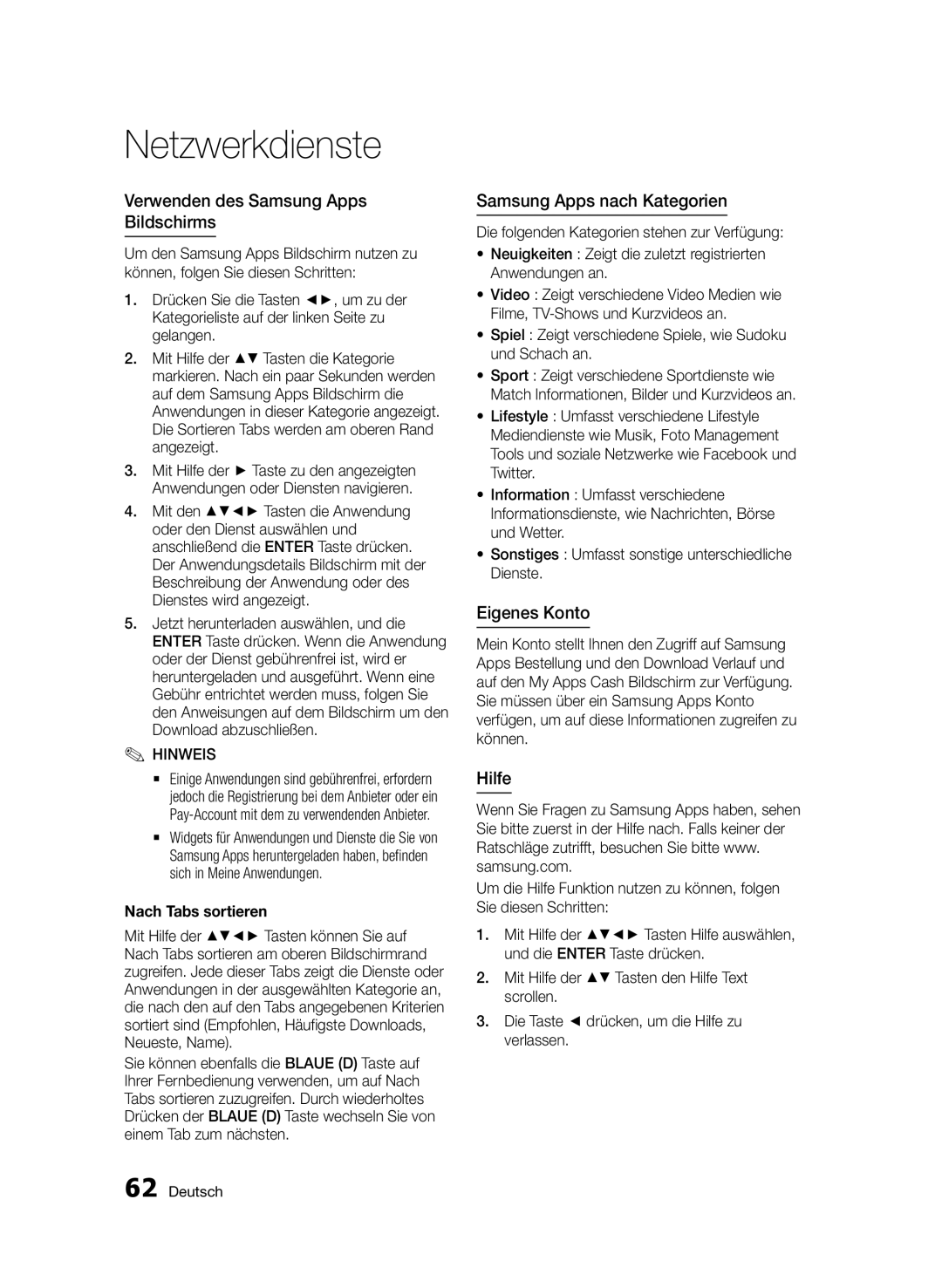 Samsung BD-D5800/ZG manual Verwenden des Samsung Apps Bildschirms, Samsung Apps nach Kategorien, Eigenes Konto, Hilfe 