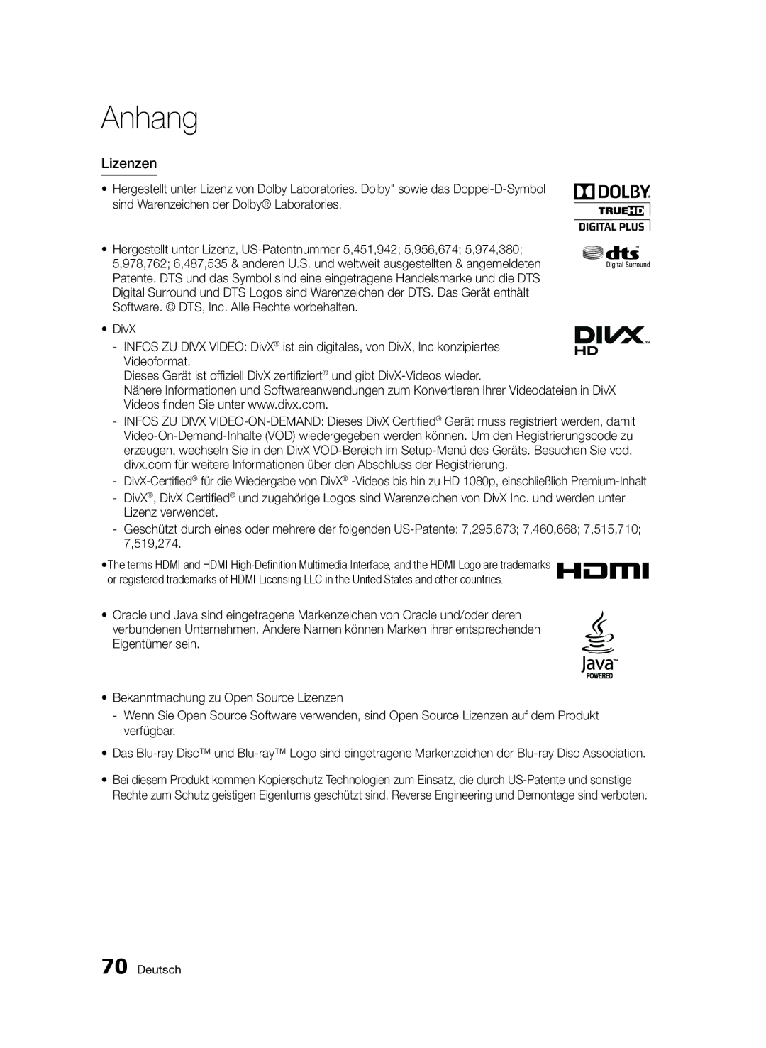 Samsung BD-D5800/ZG manual Lizenzen 