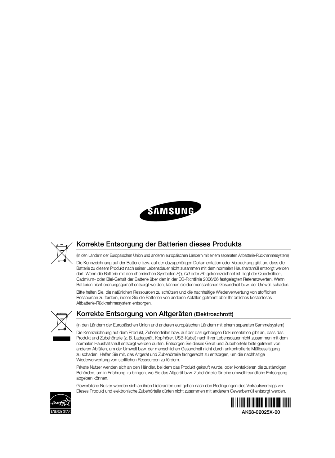 Samsung BD-D5800/ZG manual Korrekte Entsorgung der Batterien dieses Produkts 