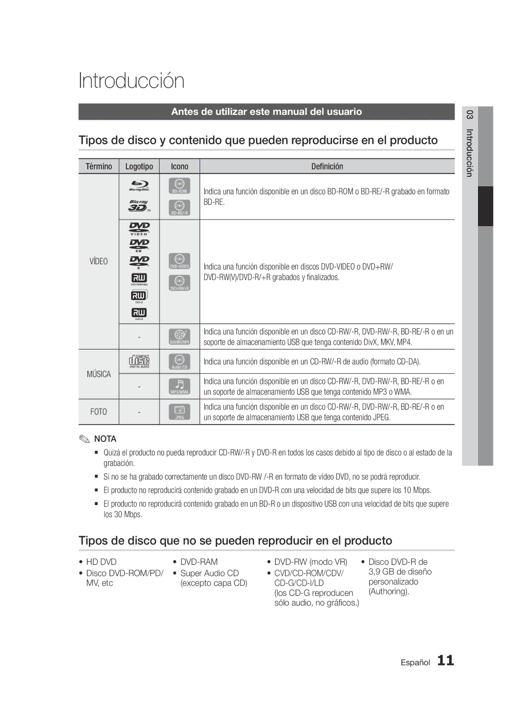 Samsung BD-D5900/ZF manual Introducción, Tipos de disco que no se pueden reproducir en el producto 