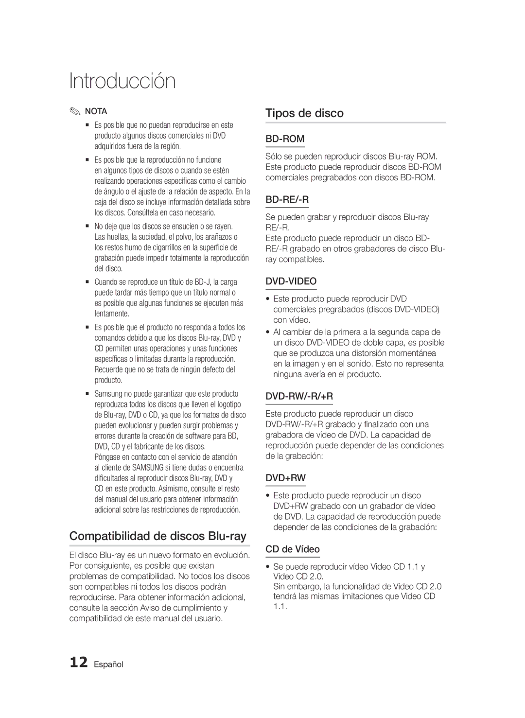 Samsung BD-D5900/ZF manual Compatibilidad de discos Blu-ray, Tipos de disco, CD de Vídeo 