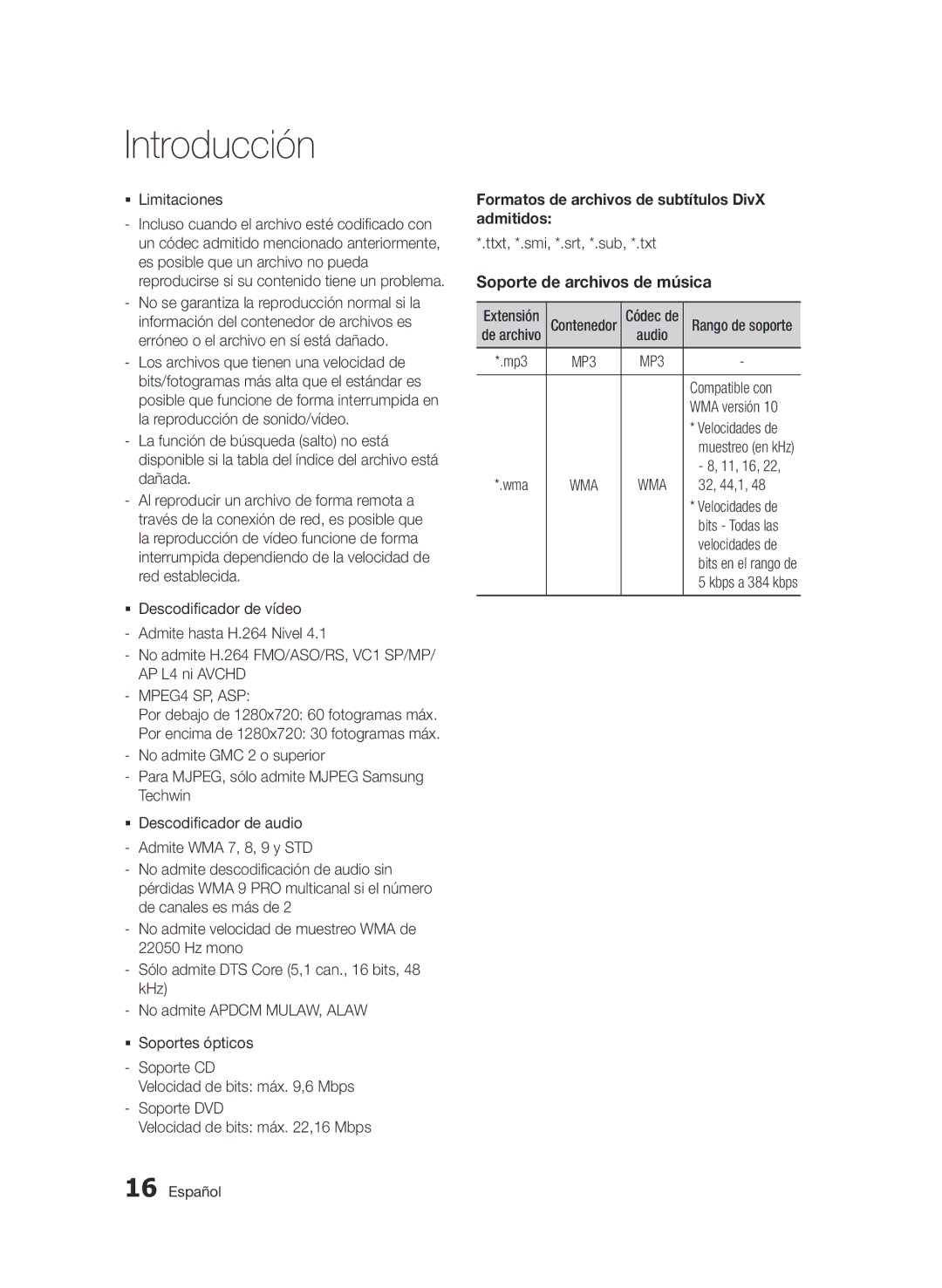 Samsung BD-D5900/ZF manual MPEG4 SP, ASP, Formatos de archivos de subtítulos DivX admitidos, Soporte de archivos de música 