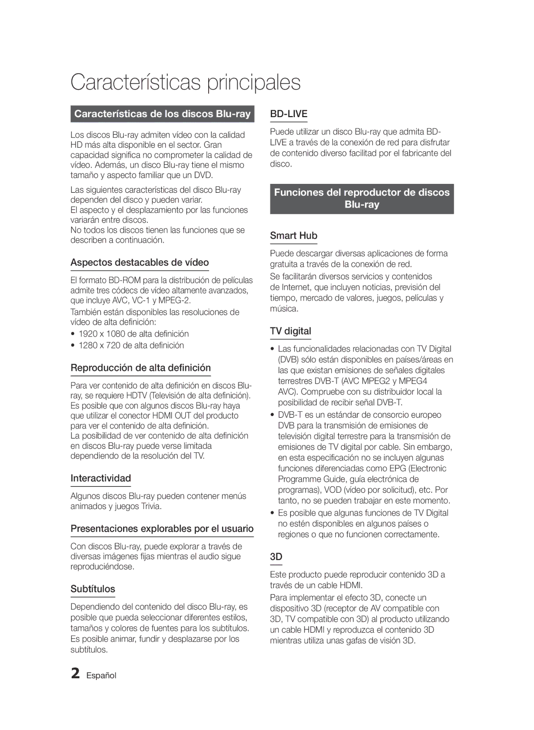 Samsung BD-D5900/ZF manual Características principales, Características de los discos Blu-ray 