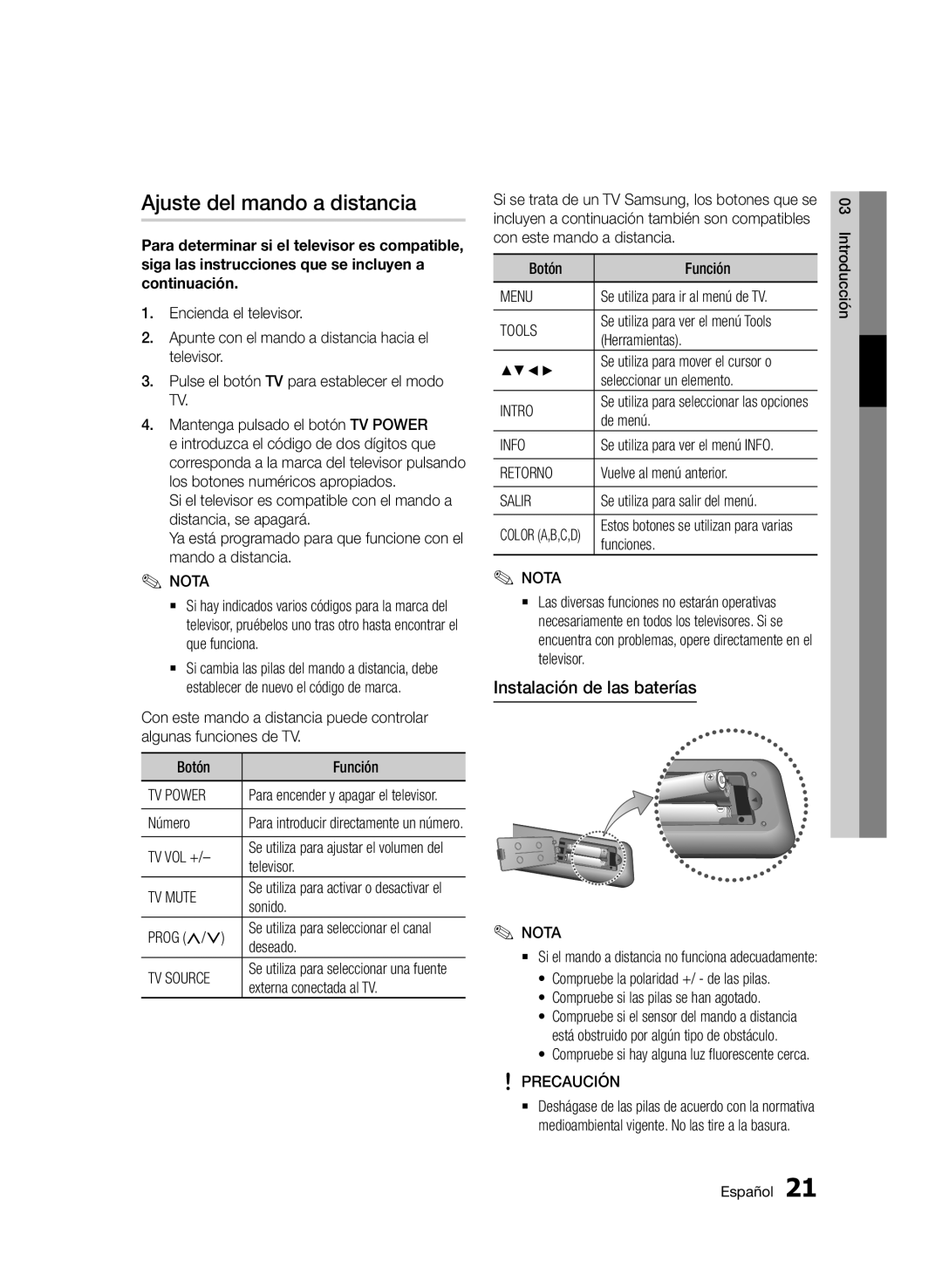 Samsung BD-D5900/ZF manual Ajuste del mando a distancia, Instalación de las baterías 