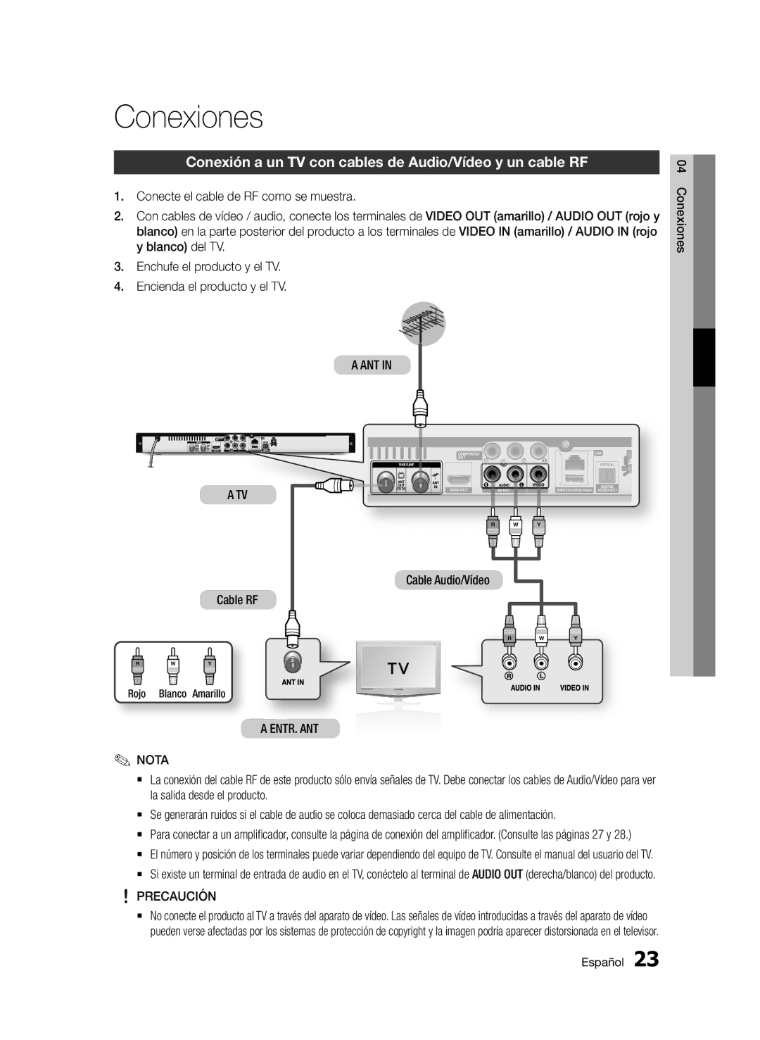 Samsung BD-D5900/ZF Conexiones, Conexión a un TV con cables de Audio/Vídeo y un cable RF, Ant, Cable Audio/Vídeo Cable RF 
