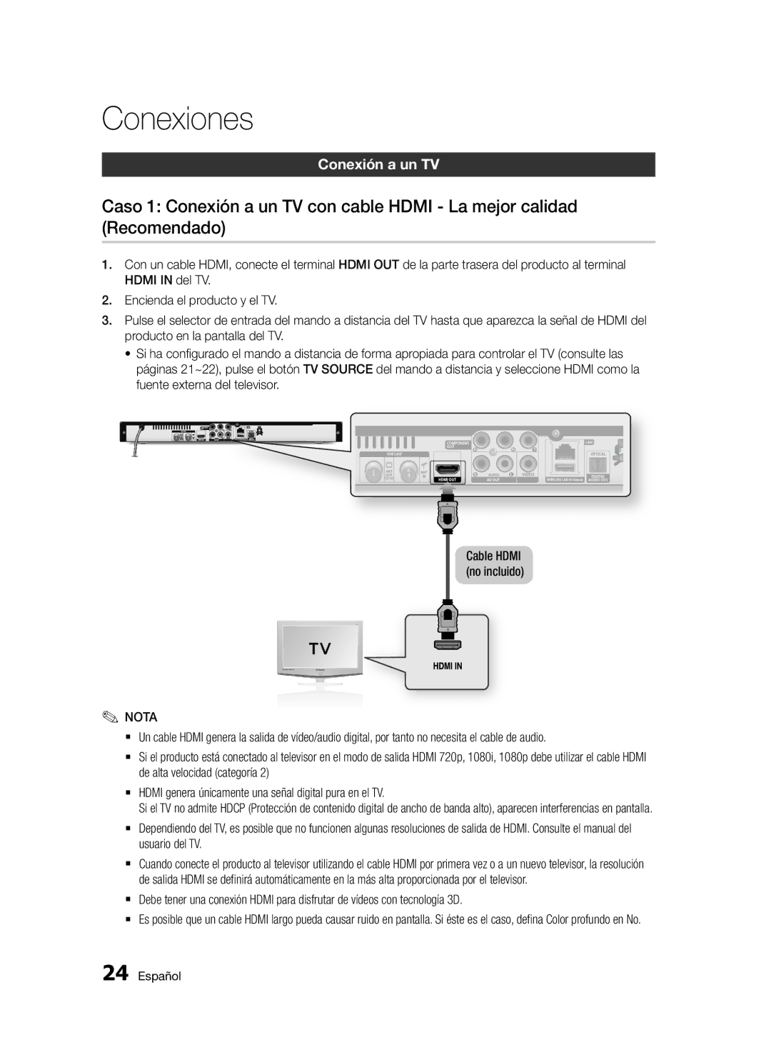 Samsung BD-D5900/ZF manual Conexión a un TV, Usuario del TV, Cable Hdmi no incluido 