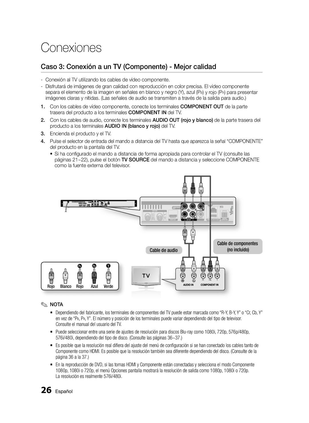 Samsung BD-D5900/ZF Caso 3 Conexión a un TV Componente Mejor calidad, No incluido, Consulte el manual del usuario del TV 